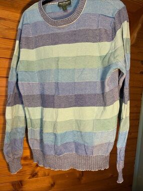 Norm Thompson Striped Crewneck Sweater in Light Blue, Mint & Navy